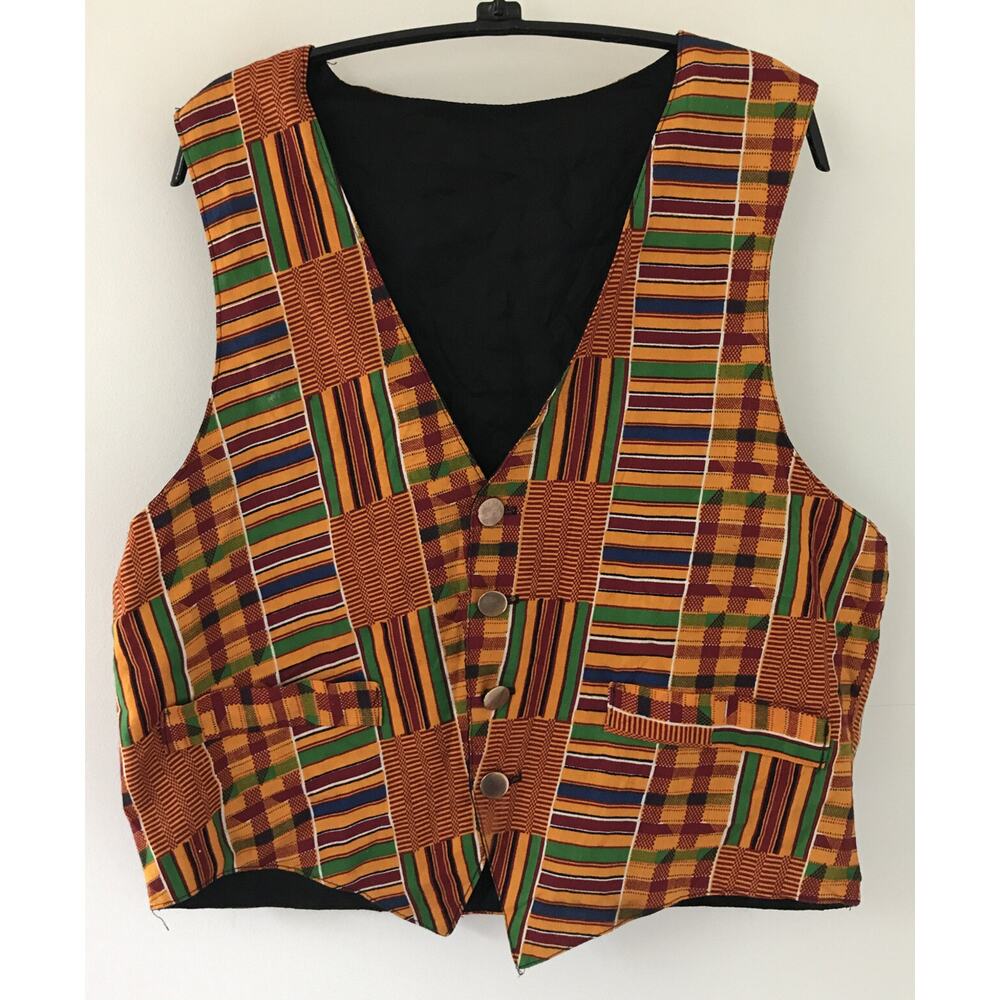 Handmade African Ghanaian Kente Plaid Cotton Fabric Waistcoat Vest Medium 44"